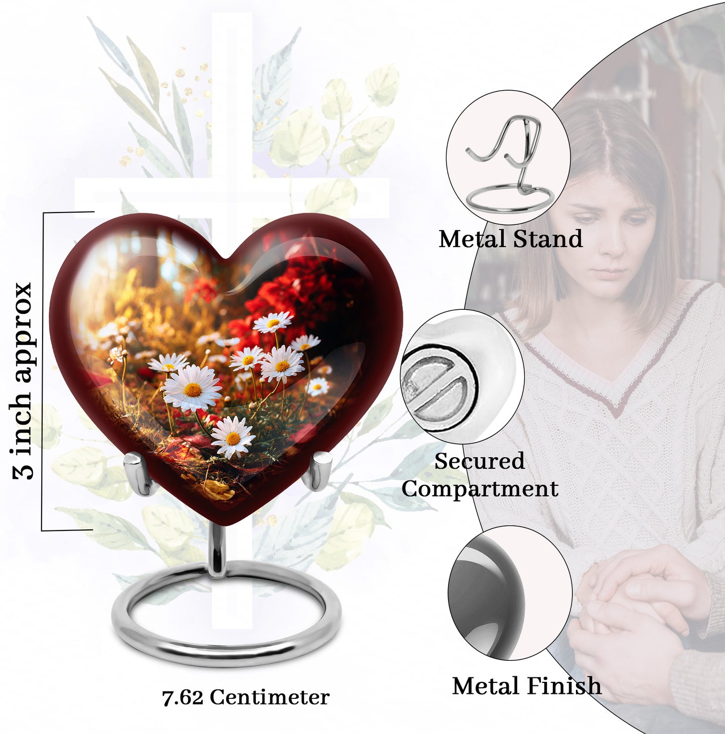 Burnished Gold Daisy Cremation Urn front view showing detailed design - compassionate heart-daisy combination with gentle curves - mini keepsake memorial for portion of cremation ashes