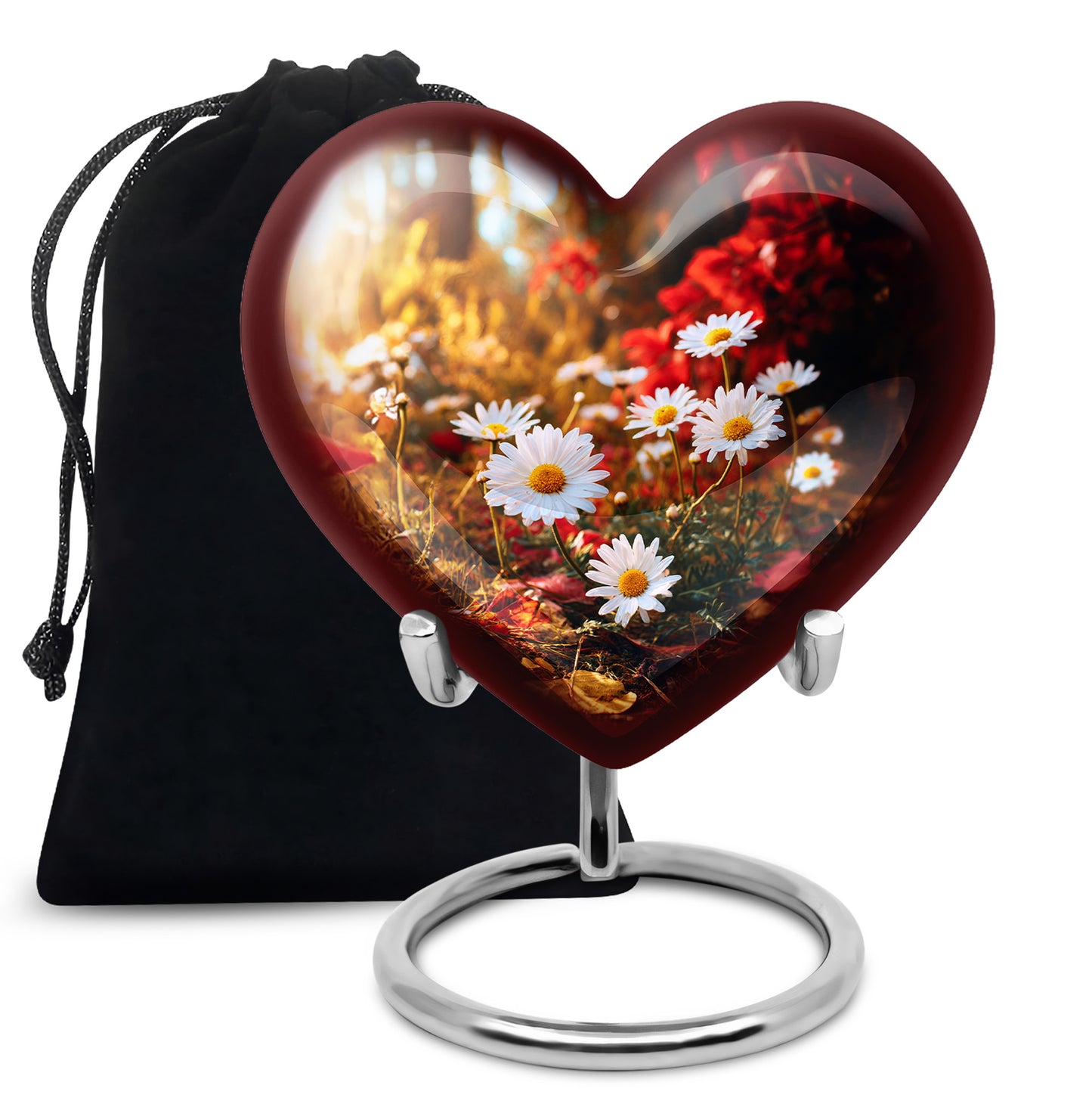 Matte Gold Daisy Cremation Urn detail view - romantic heart urn with daisy motif on aluminum - full-size 10 inch 200 cubic inch adult cremation urn