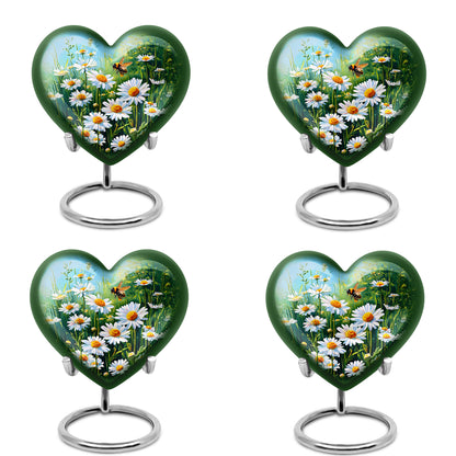 Jewel Teal Daisy Cremation Urn angled view of lid and engraved motif - heart-shaped daisy design symbolizing eternal love - 10 inch aluminum urn for cremated remains