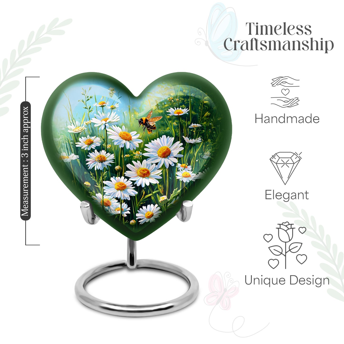 Soft Teal Daisy Cremation Urn front view showing detailed design - heart-shaped daisy design symbolizing eternal love - mini keepsake memorial for portion of cremation ashes