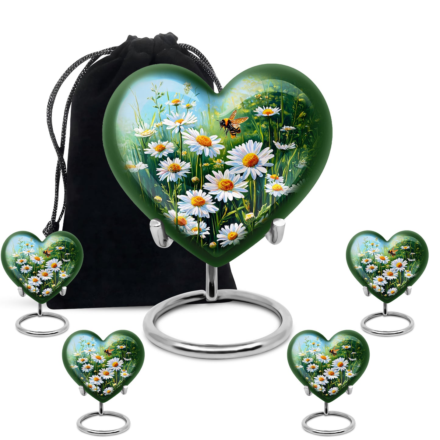 Cool Teal Daisy Cremation Urn close-up of engraving and surface detail - loving heart memorial featuring daisy pattern - memorial set with one large and four small urns