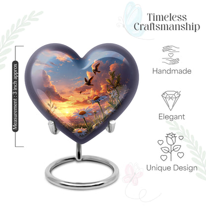 Celestial Blue Daisy Cremation Urn front view showing detailed design - heart-shaped daisy design symbolizing eternal love - mini keepsake memorial for portion of cremation ashes