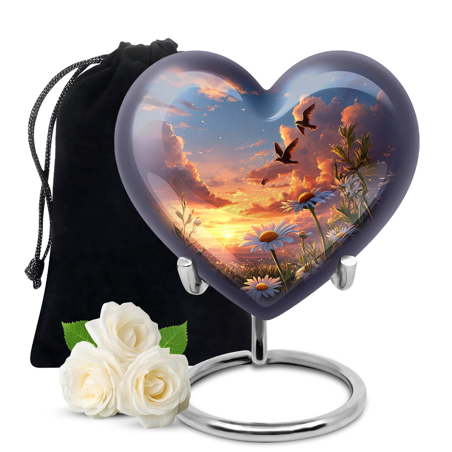 Twilight Blue Daisy Cremation Urn detail view - compassionate heart-daisy combination with gentle curves - full-size 10 inch 200 cubic inch adult cremation urn