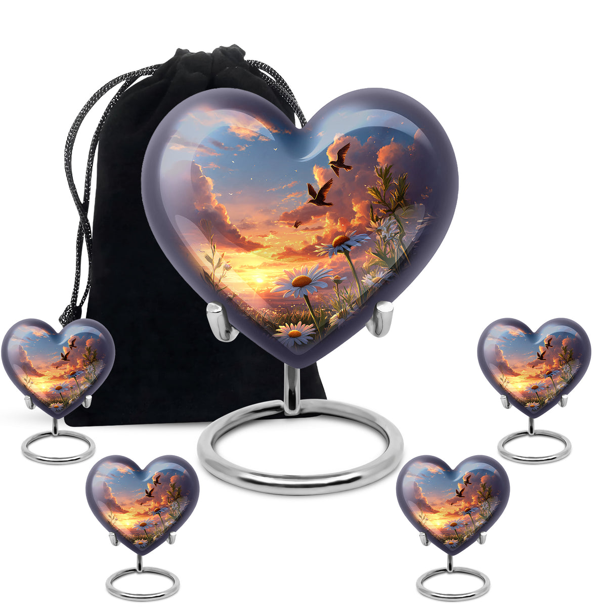 Celestial Blue Daisy Cremation Urn close-up of engraving and surface detail - heart-shaped daisy design symbolizing eternal love - memorial set with one large and four small urns