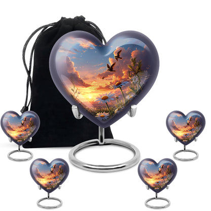 Celestial Blue Daisy Cremation Urn close-up of engraving and surface detail - heart-shaped daisy design symbolizing eternal love - memorial set with one large and four small urns