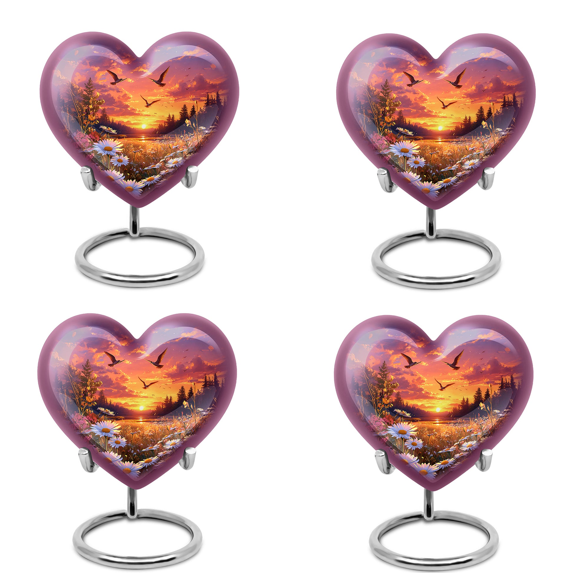 Azure Daisy Cremation Urn angled view of lid and engraved motif - loving heart memorial featuring daisy pattern - 10 inch aluminum urn for cremated remains