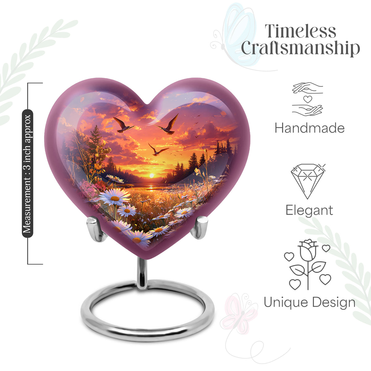 Cobalt Blue Daisy Cremation Urn front view showing detailed design - romantic heart urn with daisy motif on aluminum - mini keepsake memorial for portion of cremation ashes