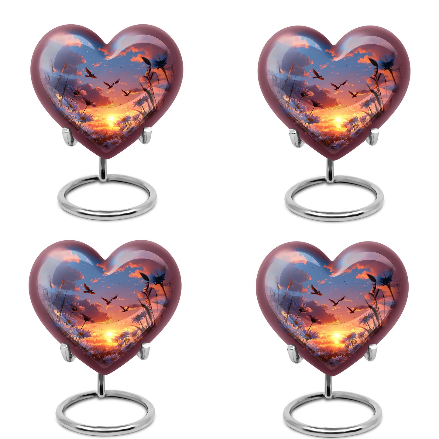 Royal Blue Daisy Cremation Urn angled view of lid and engraved motif - compassionate heart-daisy combination with gentle curves - 10 inch aluminum urn for cremated remains