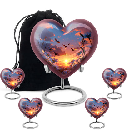 Steel Blue Daisy Cremation Urn close-up of engraving and surface detail - romantic heart urn with daisy motif on aluminum - memorial set with one large and four small urns