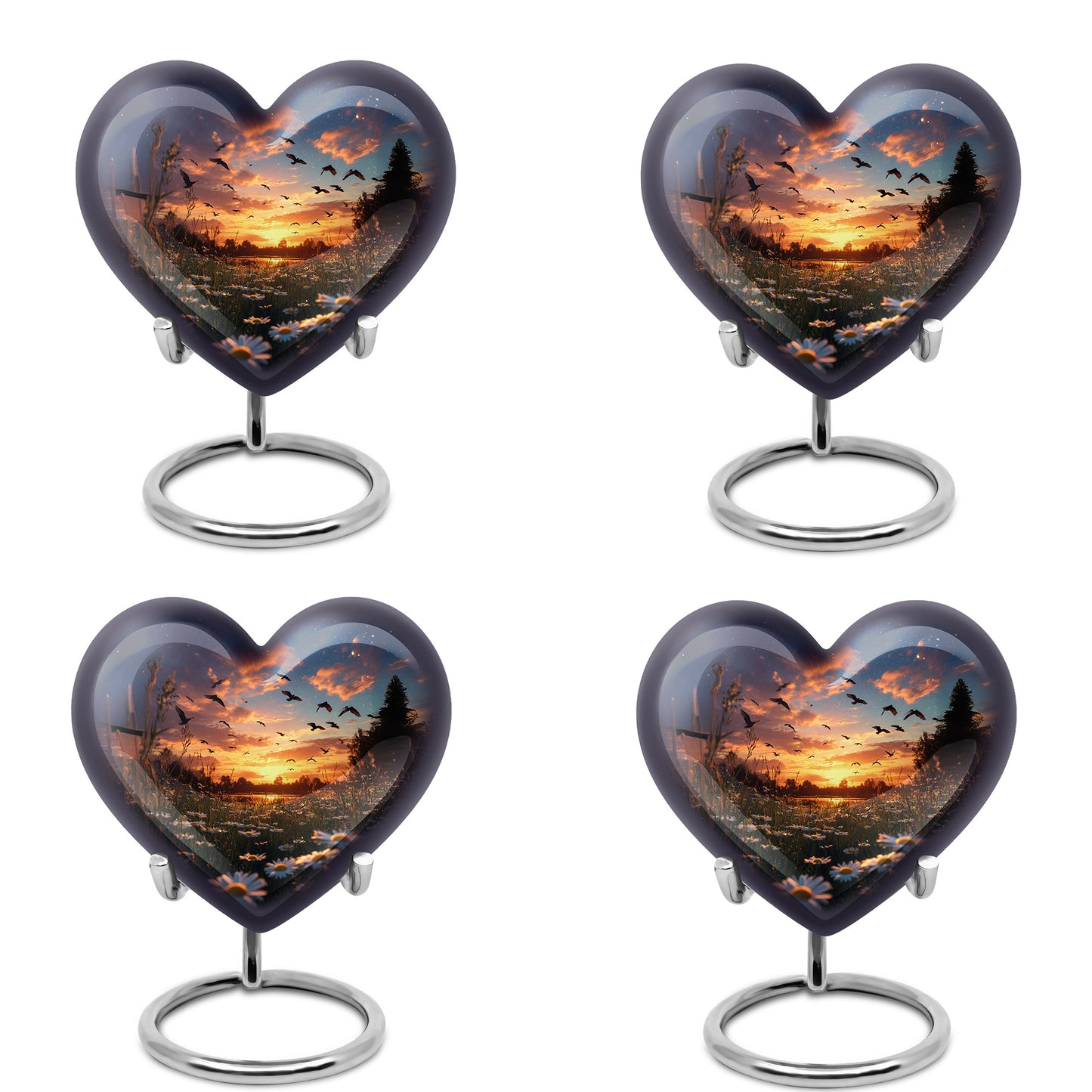 Pastel Blue Daisy Cremation Urn angled view of lid and engraved motif - heart-shaped daisy design symbolizing eternal love - 10 inch aluminum urn for cremated remains