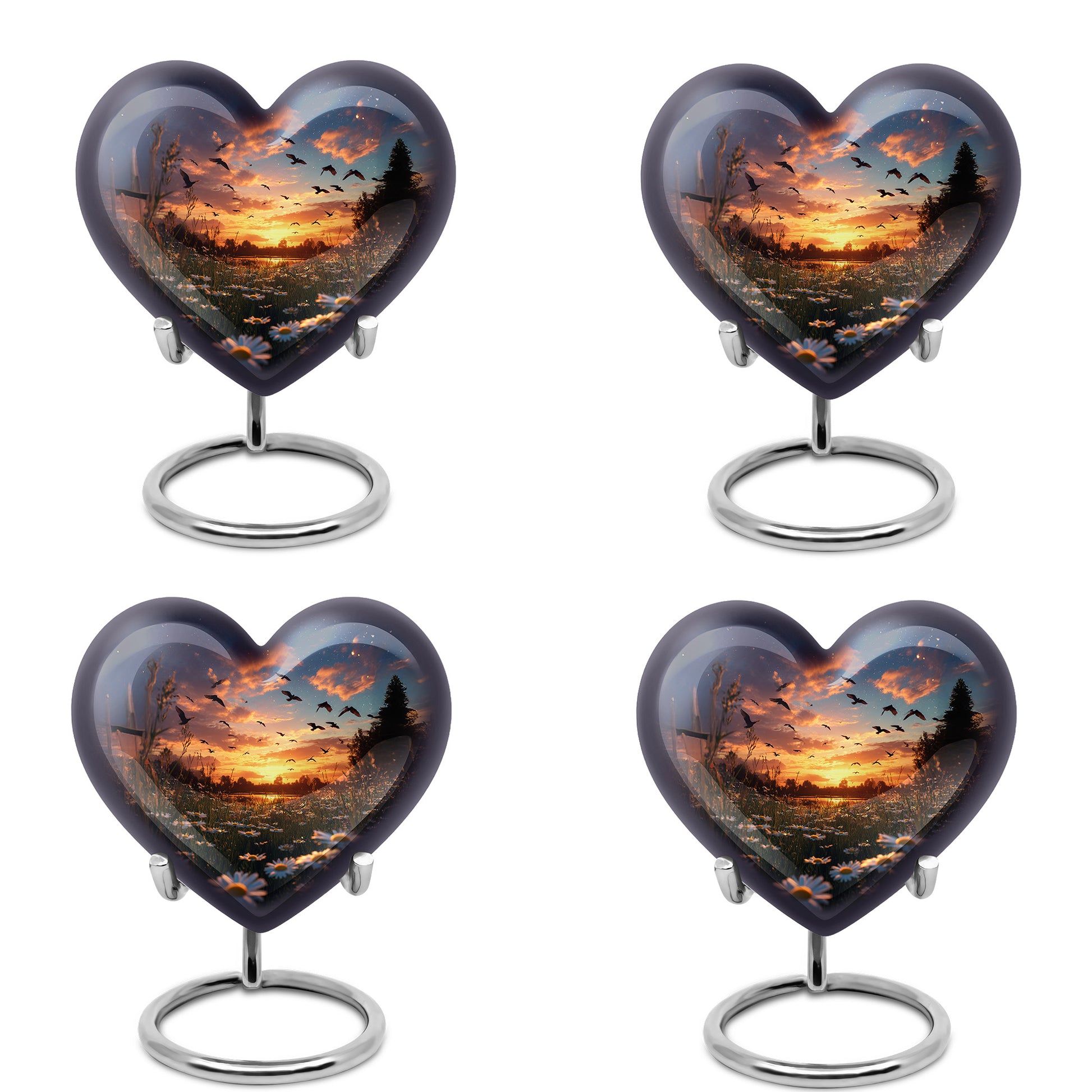 Pastel Blue Daisy Cremation Urn angled view of lid and engraved motif - heart-shaped daisy design symbolizing eternal love - 10 inch aluminum urn for cremated remains