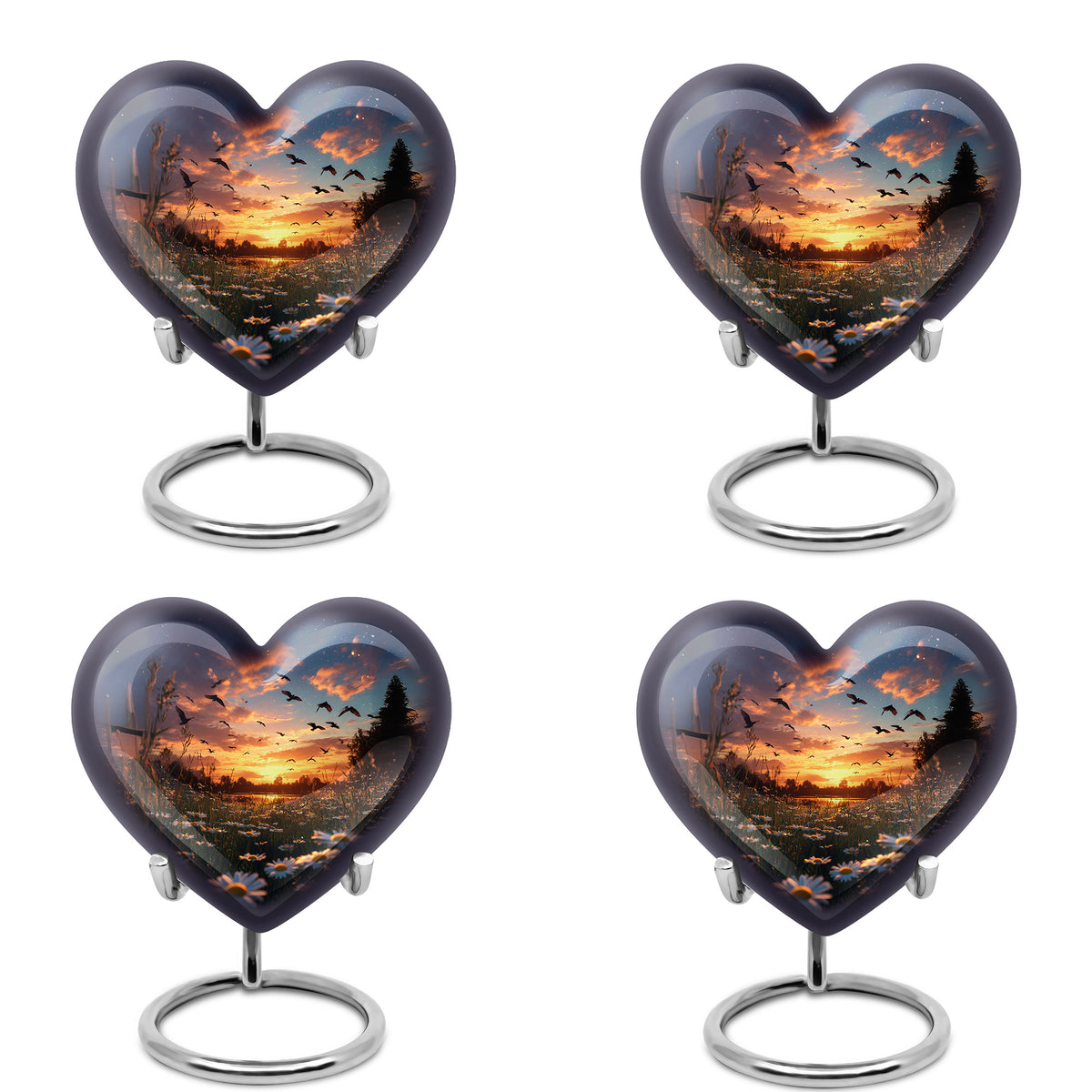 Pastel Blue Daisy Cremation Urn angled view of lid and engraved motif - heart-shaped daisy design symbolizing eternal love - 10 inch aluminum urn for cremated remains