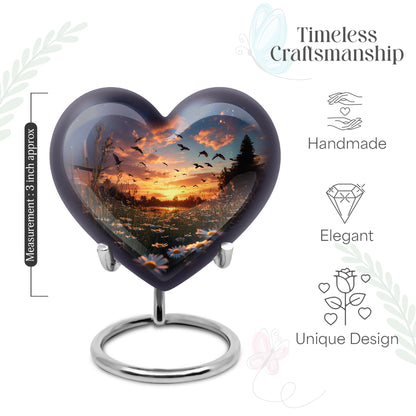 Royal Blue Daisy Cremation Urn front view showing detailed design - compassionate heart-daisy combination with gentle curves - mini keepsake memorial for portion of cremation ashes