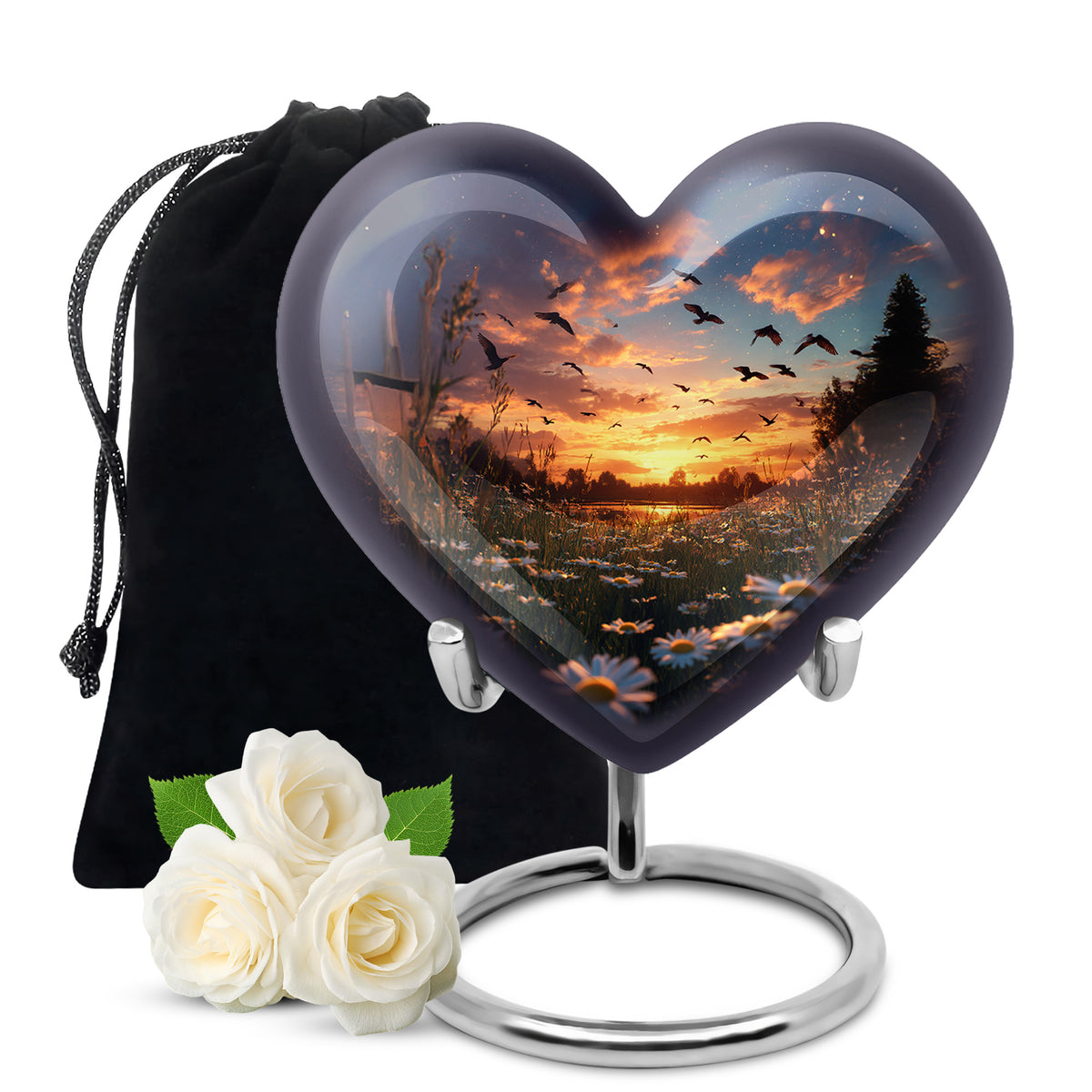 Navy Blue Daisy Cremation Urn detail view - loving heart memorial featuring daisy pattern - full-size 10 inch 200 cubic inch adult cremation urn