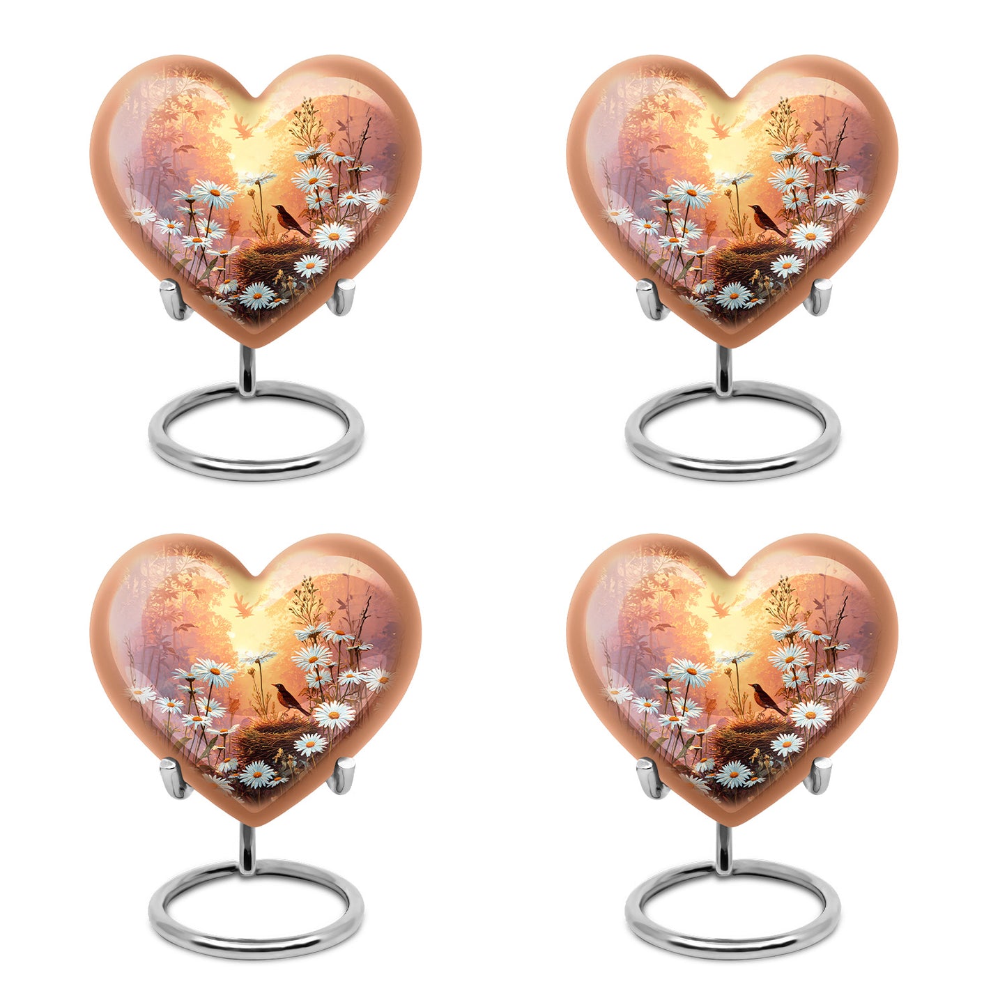 Amber Gold Daisy Cremation Urn angled view of lid and engraved motif - loving heart memorial featuring daisy pattern - 10 inch aluminum urn for cremated remains