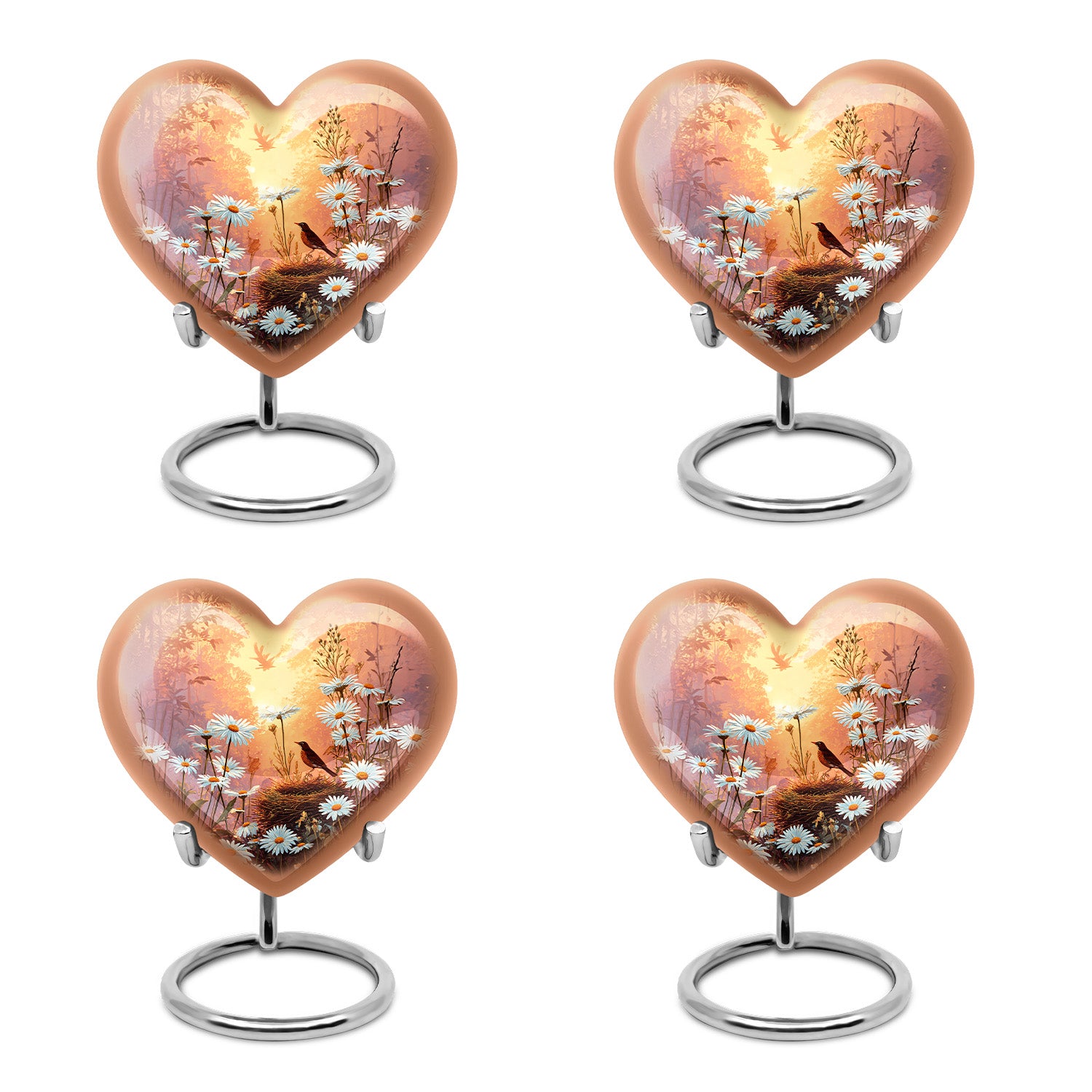 Amber Gold Daisy Cremation Urn angled view of lid and engraved motif - loving heart memorial featuring daisy pattern - 10 inch aluminum urn for cremated remains