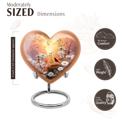 Matte Gold Daisy Cremation Urn front view showing detailed design - romantic heart urn with daisy motif on aluminum - mini keepsake memorial for portion of cremation ashes