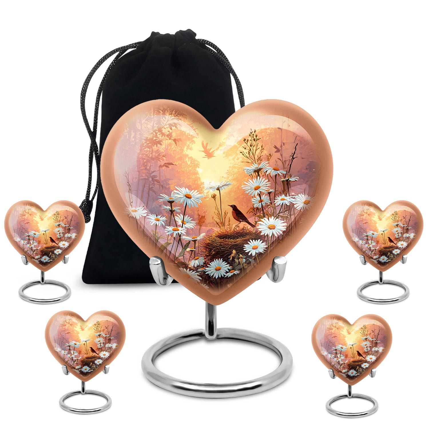 Harvest Gold Daisy Cremation Urn close-up of engraving and surface detail - romantic heart urn with daisy motif on aluminum - memorial set with one large and four small urns