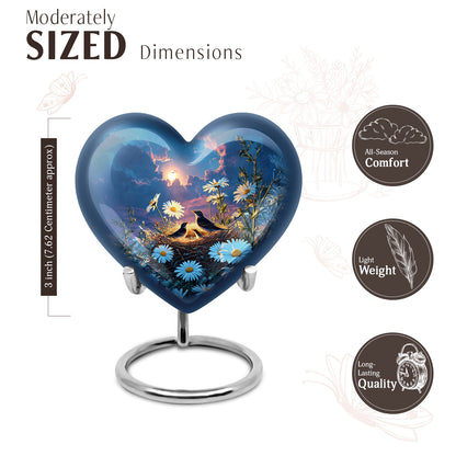 Bright Blue Daisy Cremation Urn front view showing detailed design - romantic heart urn with daisy motif on aluminum - mini keepsake memorial for portion of cremation ashes