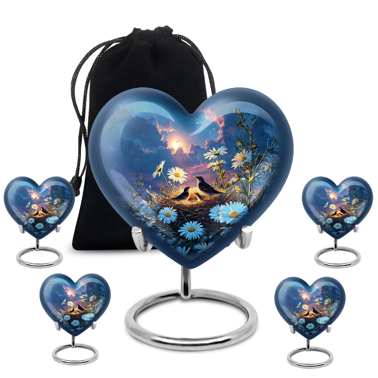 Cobalt Blue Daisy Cremation Urn close-up of engraving and surface detail - compassionate heart-daisy combination with gentle curves - memorial set with one large and four small urns