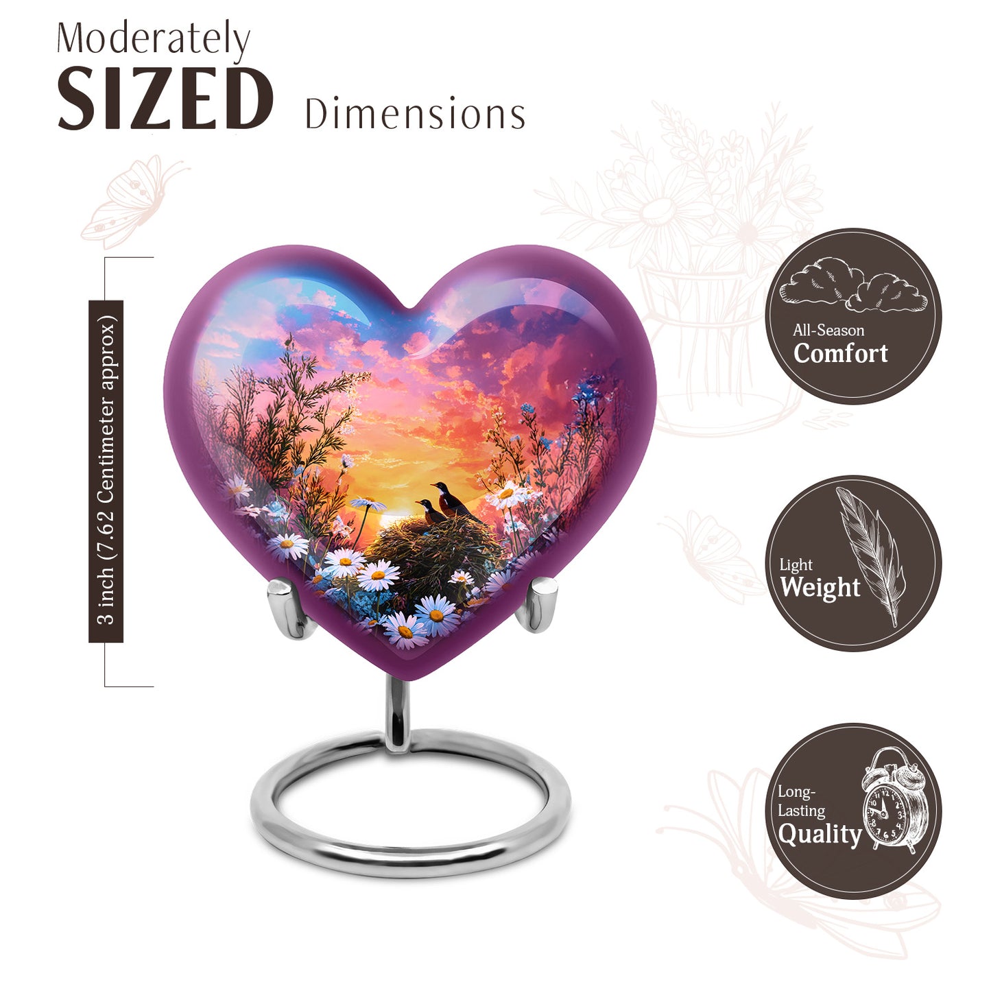 Misty Blue Daisy Cremation Urn front view showing detailed design - heart-shaped daisy design symbolizing eternal love - mini keepsake memorial for portion of cremation ashes