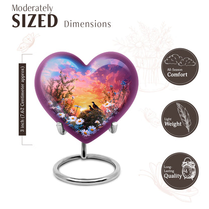 Misty Blue Daisy Cremation Urn front view showing detailed design - heart-shaped daisy design symbolizing eternal love - mini keepsake memorial for portion of cremation ashes