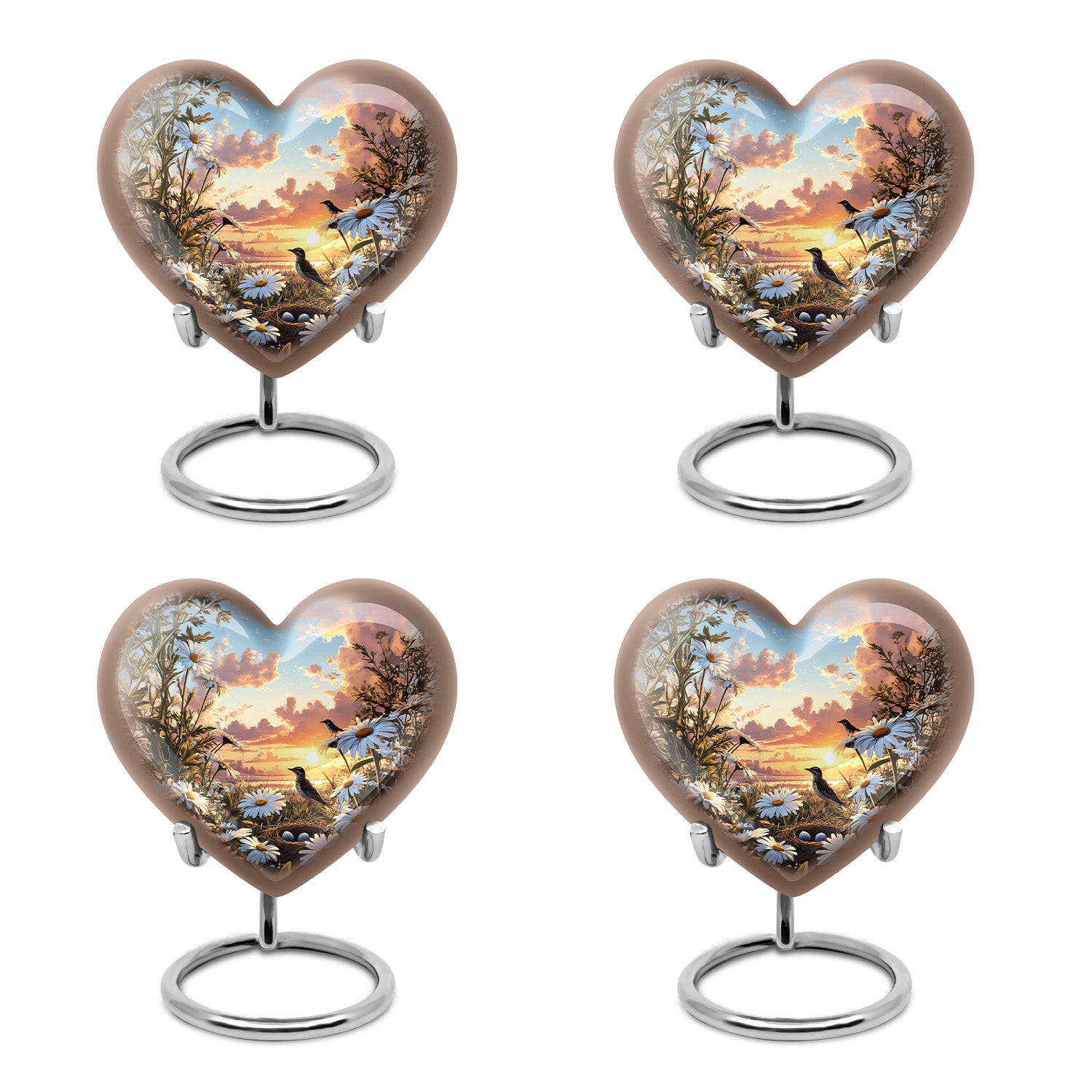 Slate Blue Daisy Cremation Urn angled view of lid and engraved motif - loving heart memorial featuring daisy pattern - 10 inch aluminum urn for cremated remains