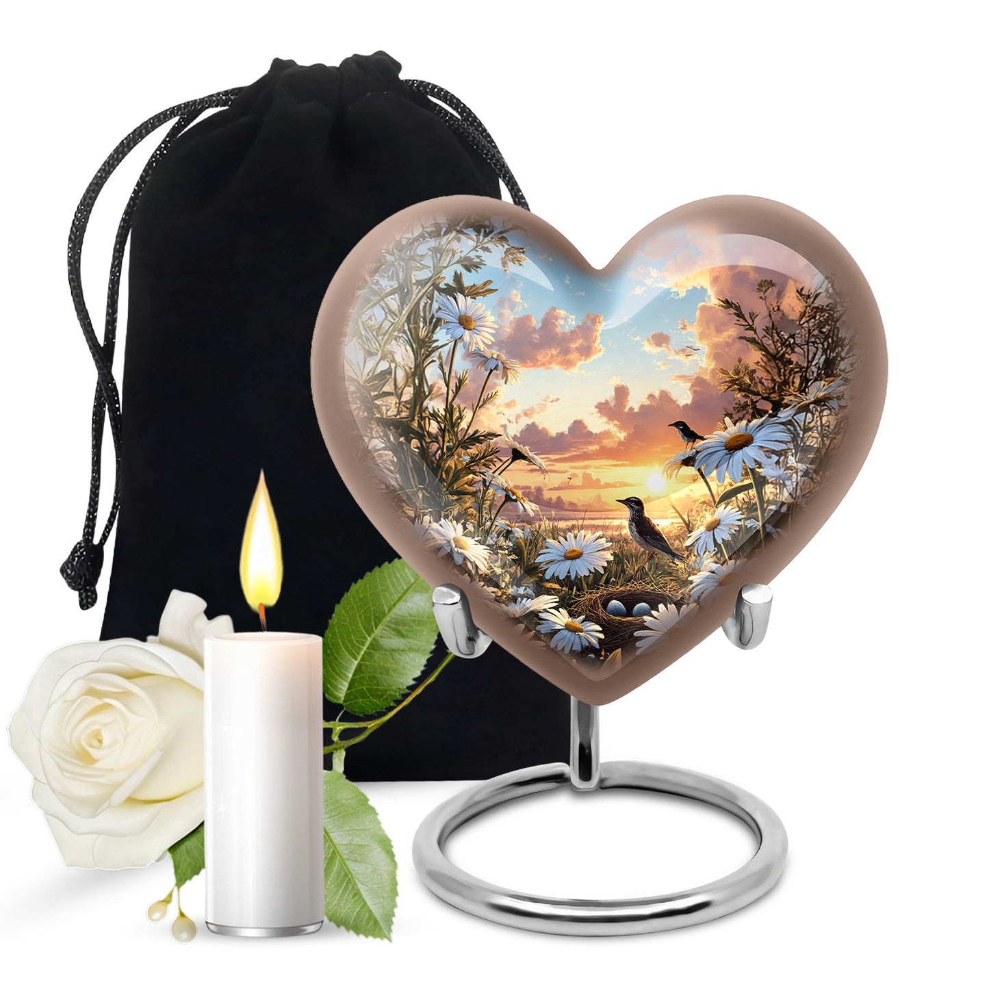 Sapphire Blue Daisy Cremation Urn detail view - romantic heart urn with daisy motif on aluminum - full-size 10 inch 200 cubic inch adult cremation urn