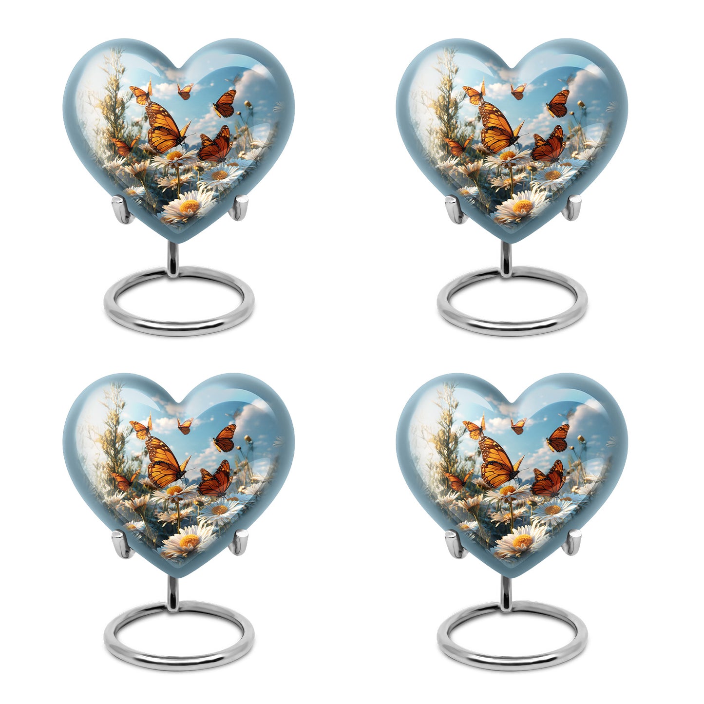 Powder Blue Daisy Cremation Urn angled view of lid and engraved motif - loving heart memorial featuring daisy pattern - 10 inch aluminum urn for cremated remains