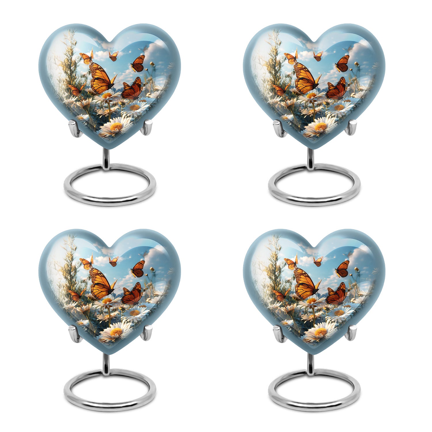 Powder Blue Daisy Cremation Urn angled view of lid and engraved motif - loving heart memorial featuring daisy pattern - 10 inch aluminum urn for cremated remains