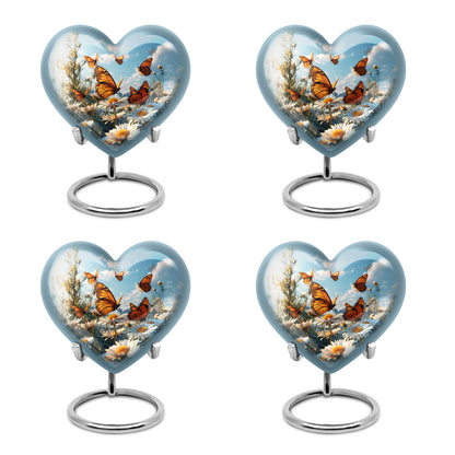 Powder Blue Daisy Cremation Urn angled view of lid and engraved motif - loving heart memorial featuring daisy pattern - 10 inch aluminum urn for cremated remains