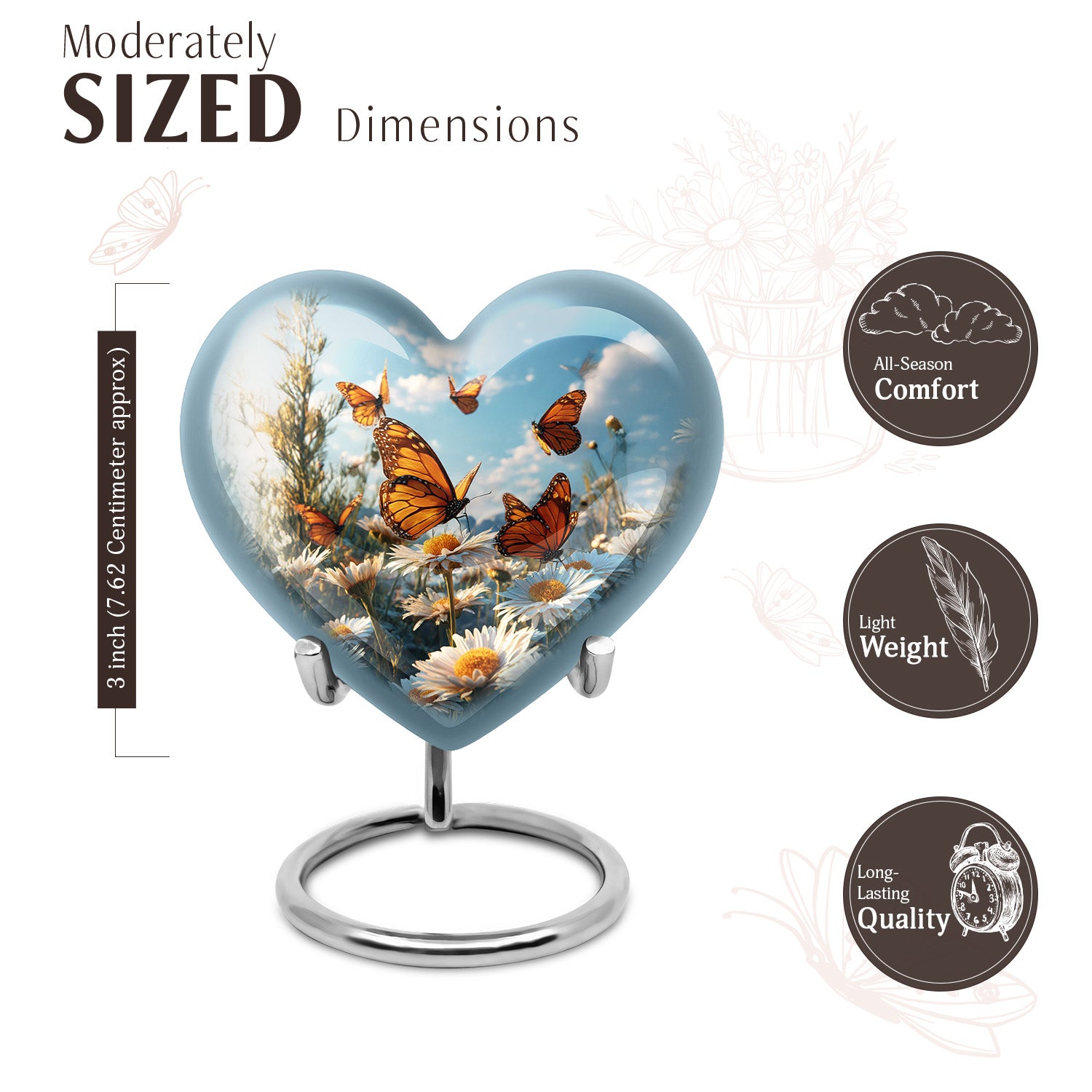Steel Blue Daisy Cremation Urn front view showing detailed design - compassionate heart-daisy combination with gentle curves - mini keepsake memorial for portion of cremation ashes