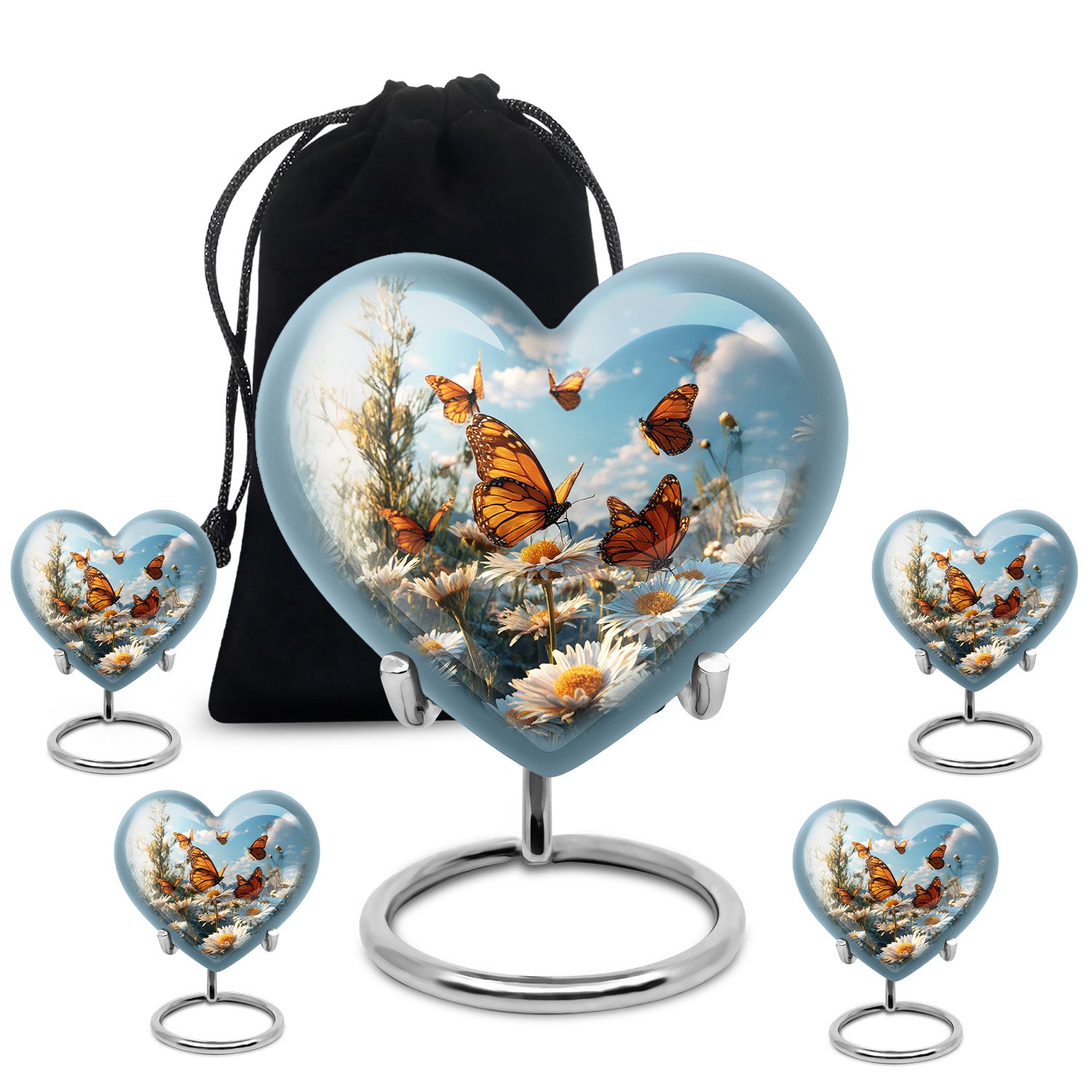 Misty Blue Daisy Cremation Urn close-up of engraving and surface detail - heart-shaped daisy design symbolizing eternal love - memorial set with one large and four small urns