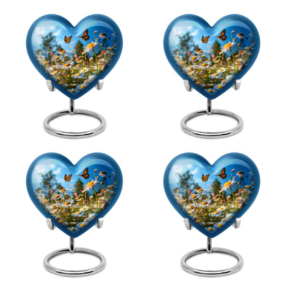 Steel Blue Daisy Cremation Urn angled view of lid and engraved motif - romantic heart urn with daisy motif on aluminum - 10 inch aluminum urn for cremated remains