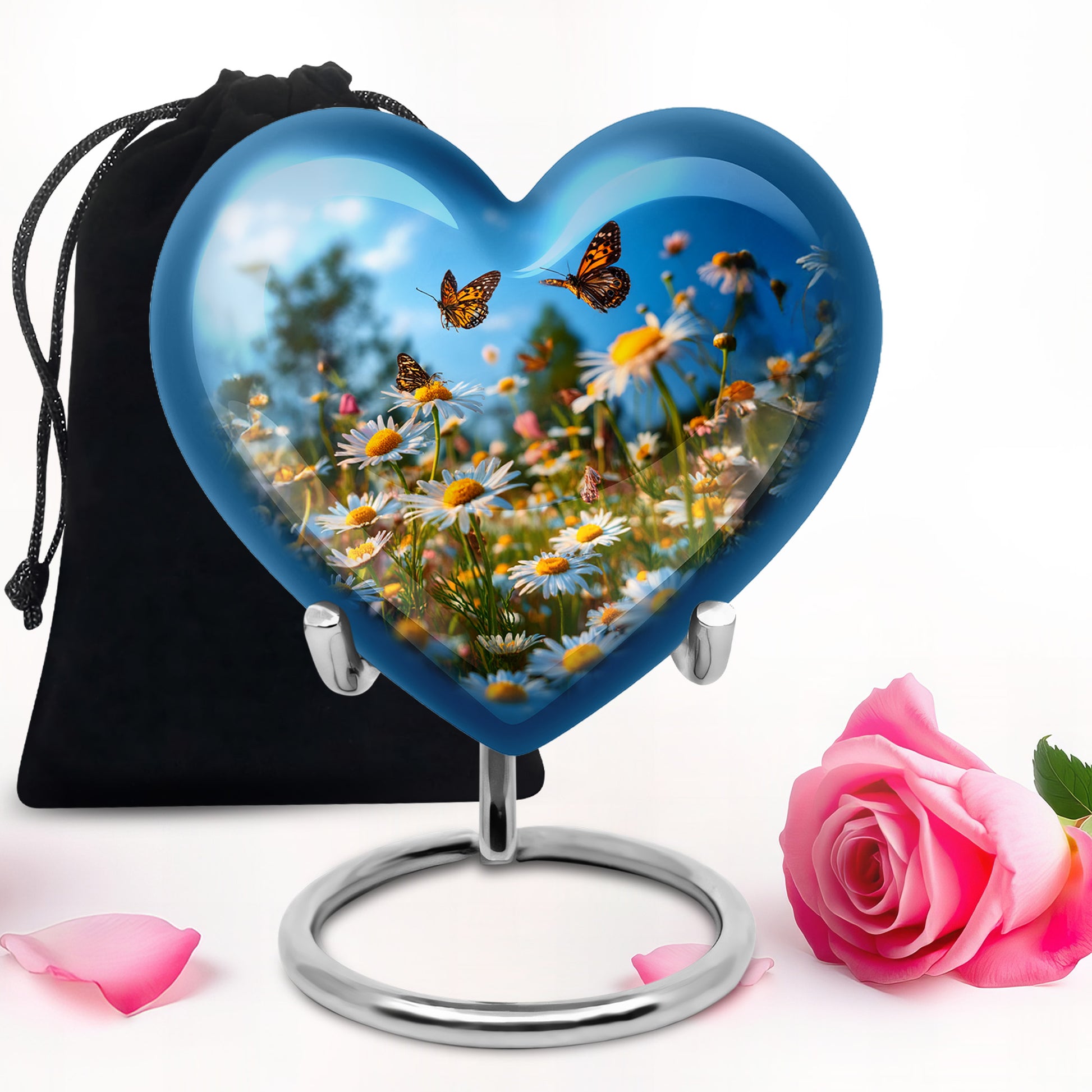 Powder Blue Daisy Cremation Urn detail view - heart-shaped daisy design symbolizing eternal love - full-size 10 inch 200 cubic inch adult cremation urn