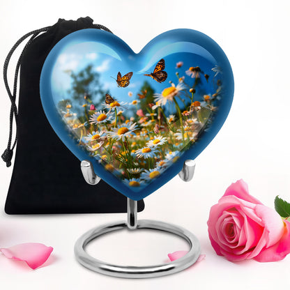 Powder Blue Daisy Cremation Urn detail view - heart-shaped daisy design symbolizing eternal love - full-size 10 inch 200 cubic inch adult cremation urn