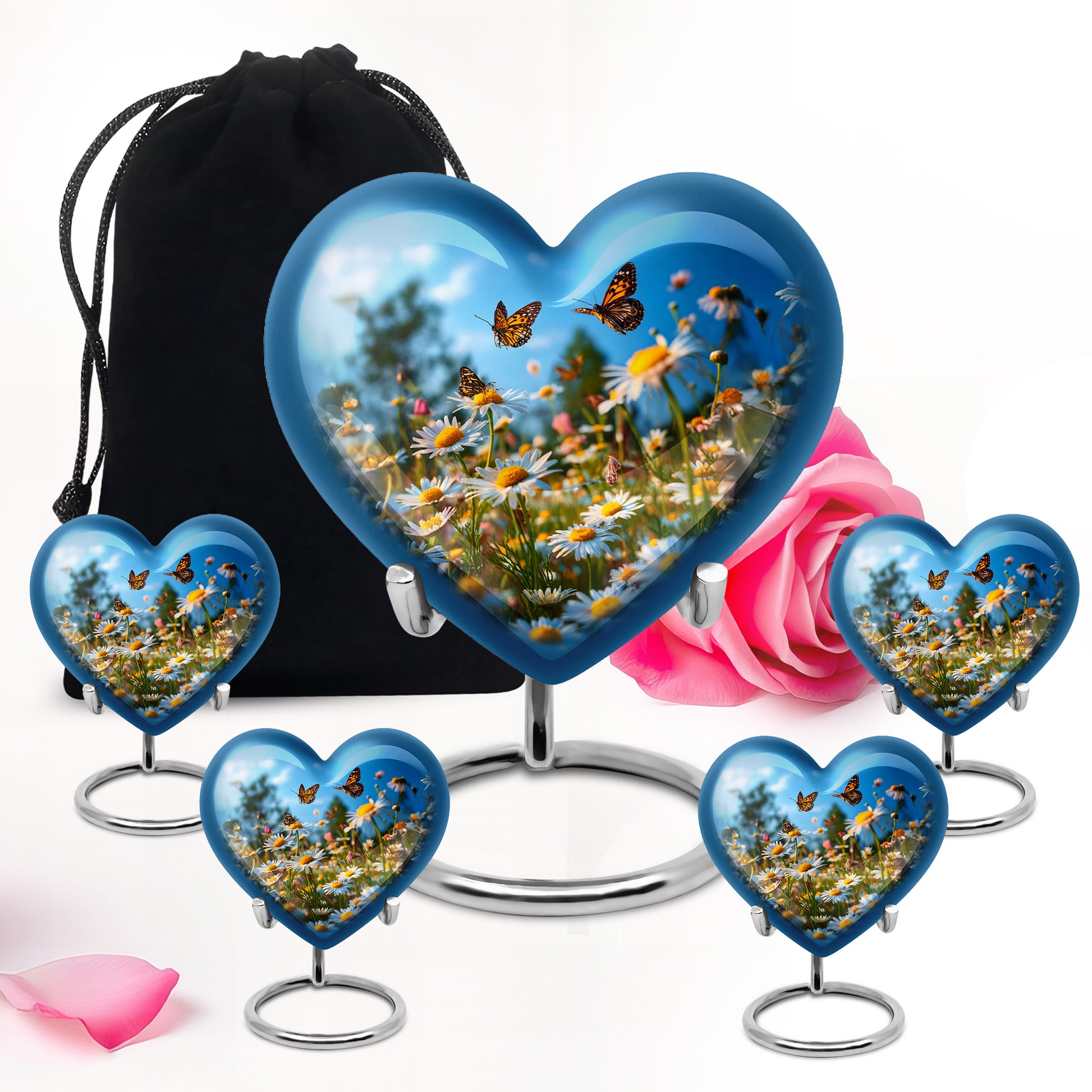 Sapphire Blue Daisy Cremation Urn close-up of engraving and surface detail - compassionate heart-daisy combination with gentle curves - memorial set with one large and four small urns