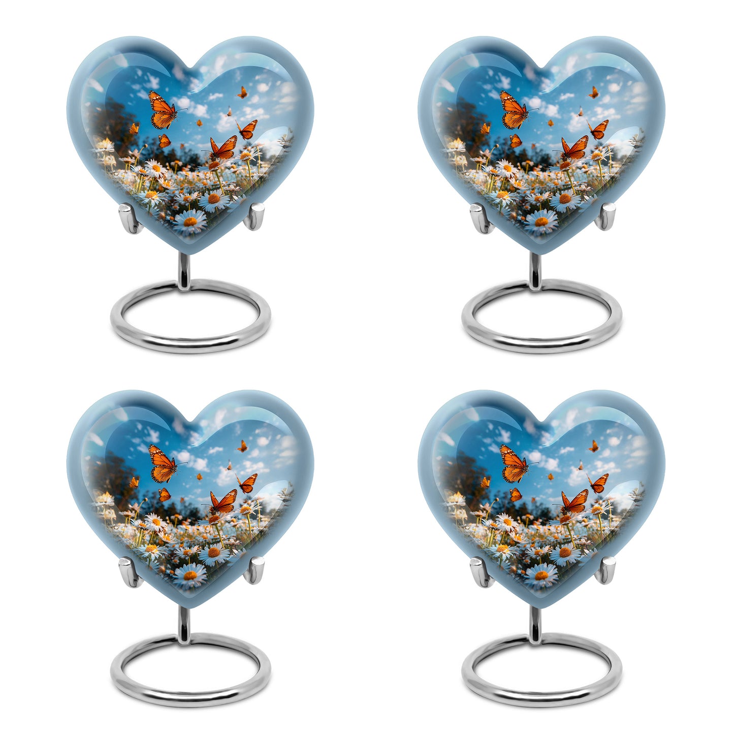 Vivid Blue Daisy Cremation Urn angled view of lid and engraved motif - compassionate heart-daisy combination with gentle curves - 10 inch aluminum urn for cremated remains