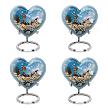Vivid Blue Daisy Cremation Urn angled view of lid and engraved motif - compassionate heart-daisy combination with gentle curves - 10 inch aluminum urn for cremated remains