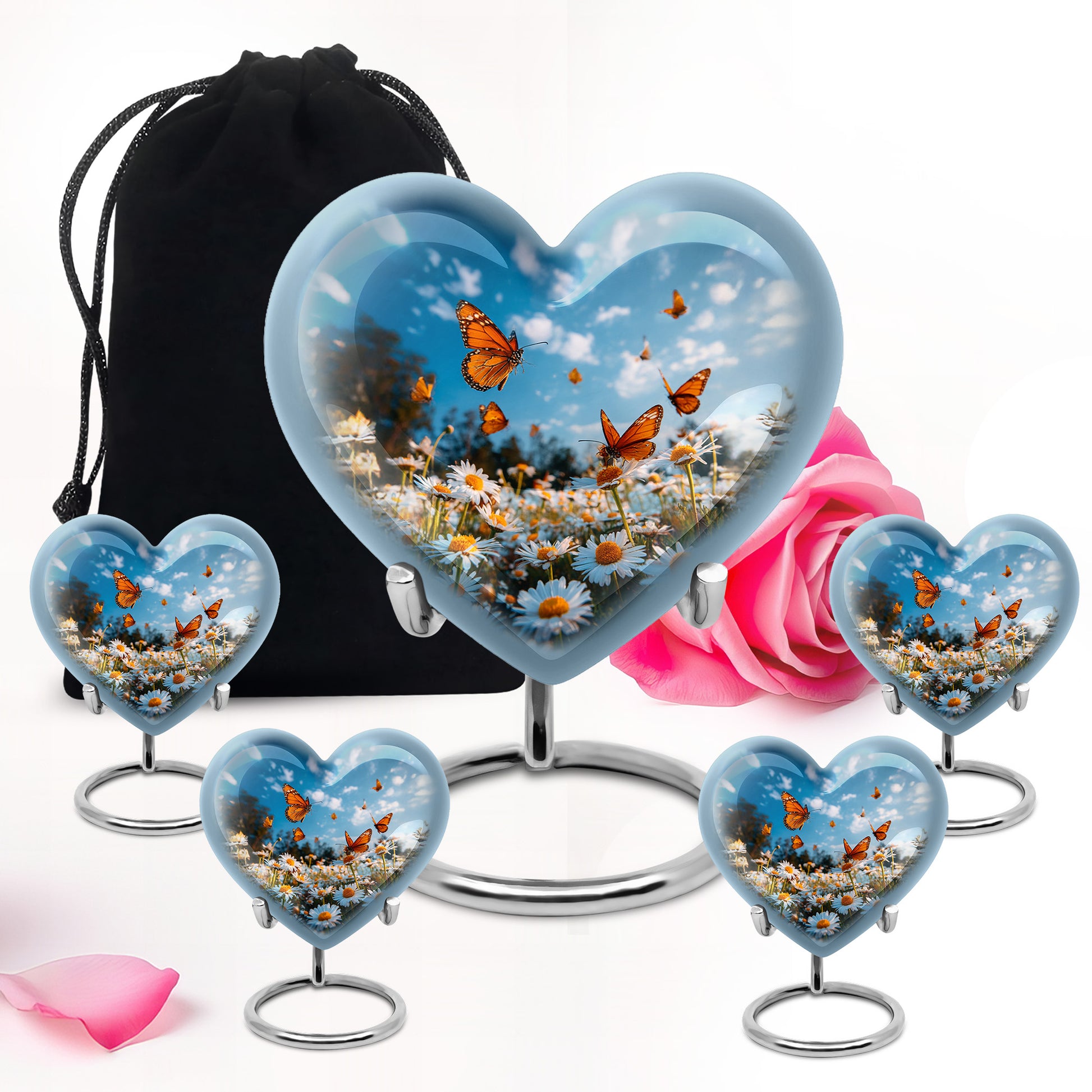 Sapphire Blue Daisy Cremation Urn close-up of engraving and surface detail - compassionate heart-daisy combination with gentle curves - memorial set with one large and four small urns
