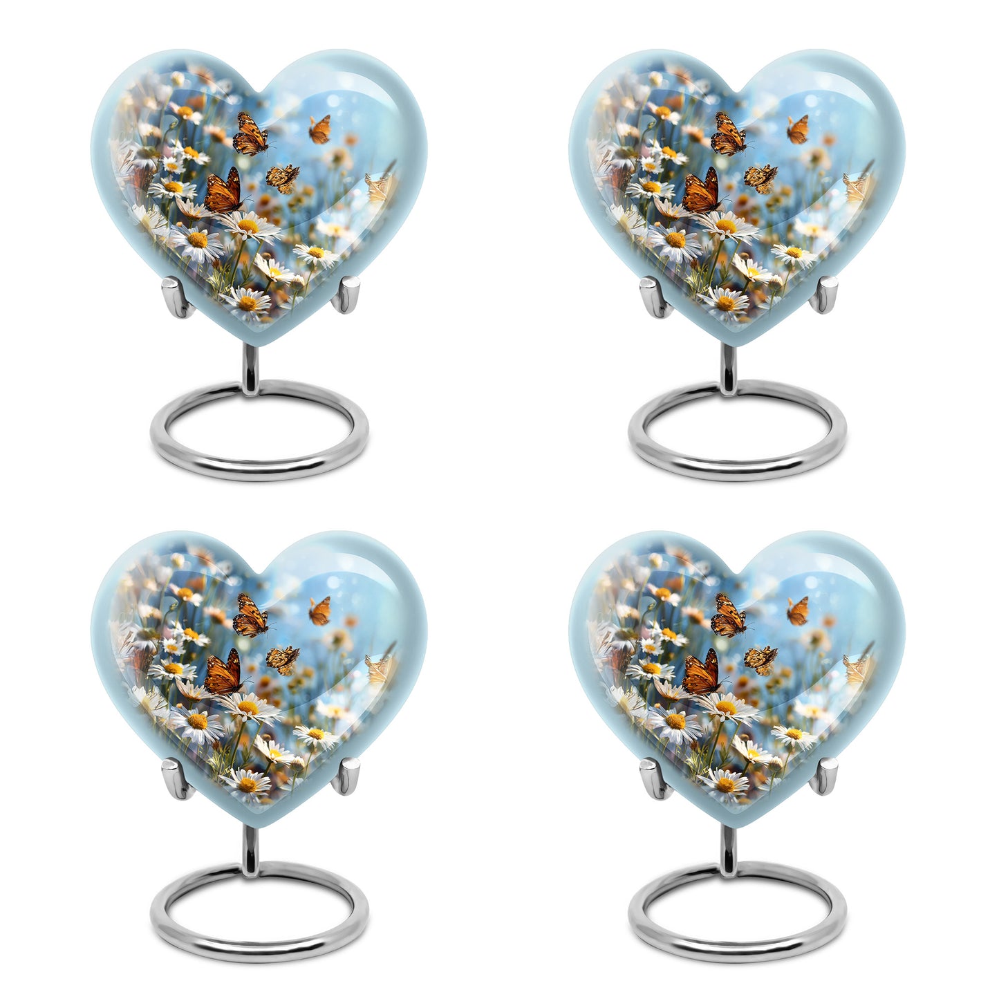Soft Blue Daisy Cremation Urn angled view of lid and engraved motif - compassionate heart-daisy combination with gentle curves - 10 inch aluminum urn for cremated remains