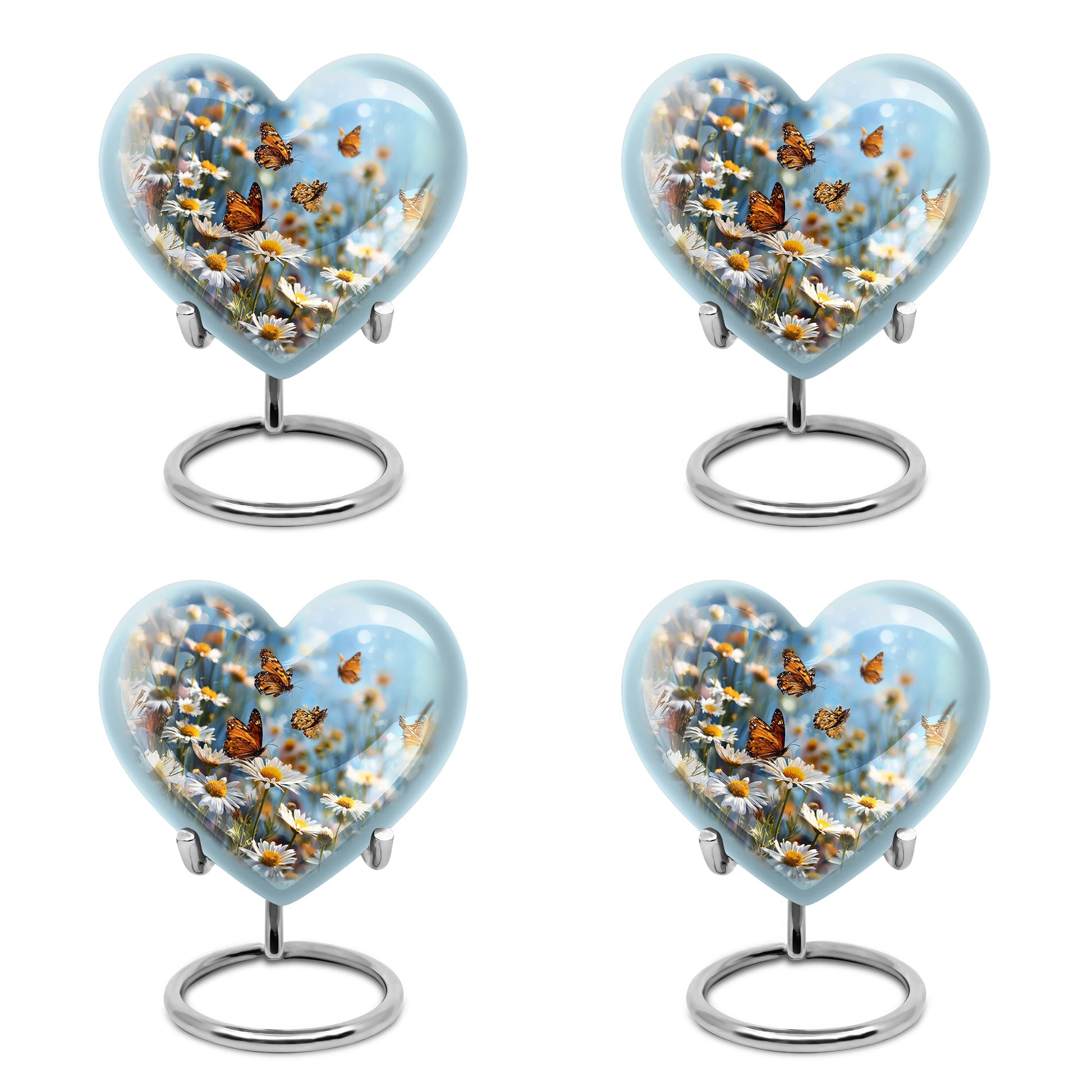 Soft Blue Daisy Cremation Urn angled view of lid and engraved motif - compassionate heart-daisy combination with gentle curves - 10 inch aluminum urn for cremated remains