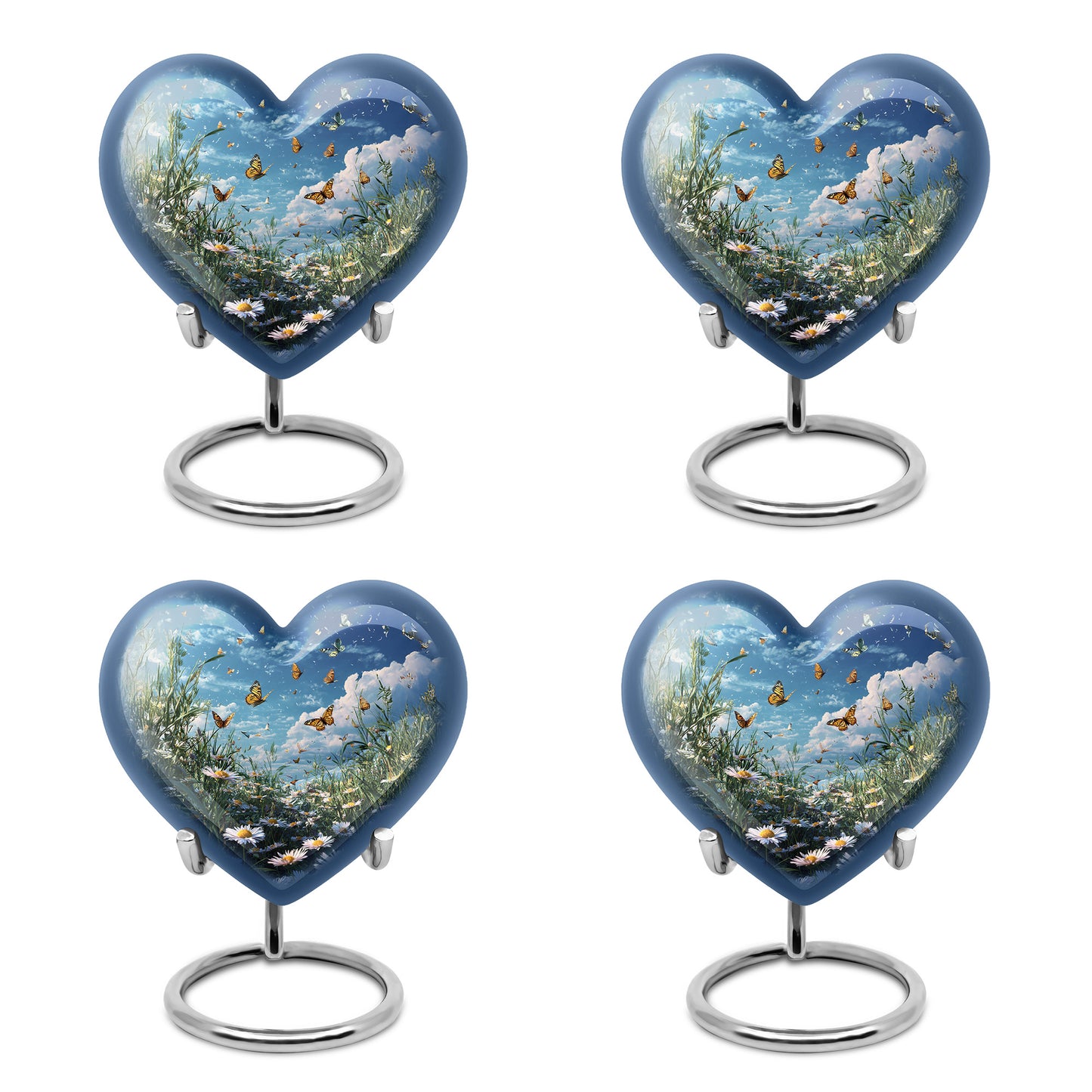 Bright Blue Daisy Cremation Urn angled view of lid and engraved motif - romantic heart urn with daisy motif on aluminum - 10 inch aluminum urn for cremated remains