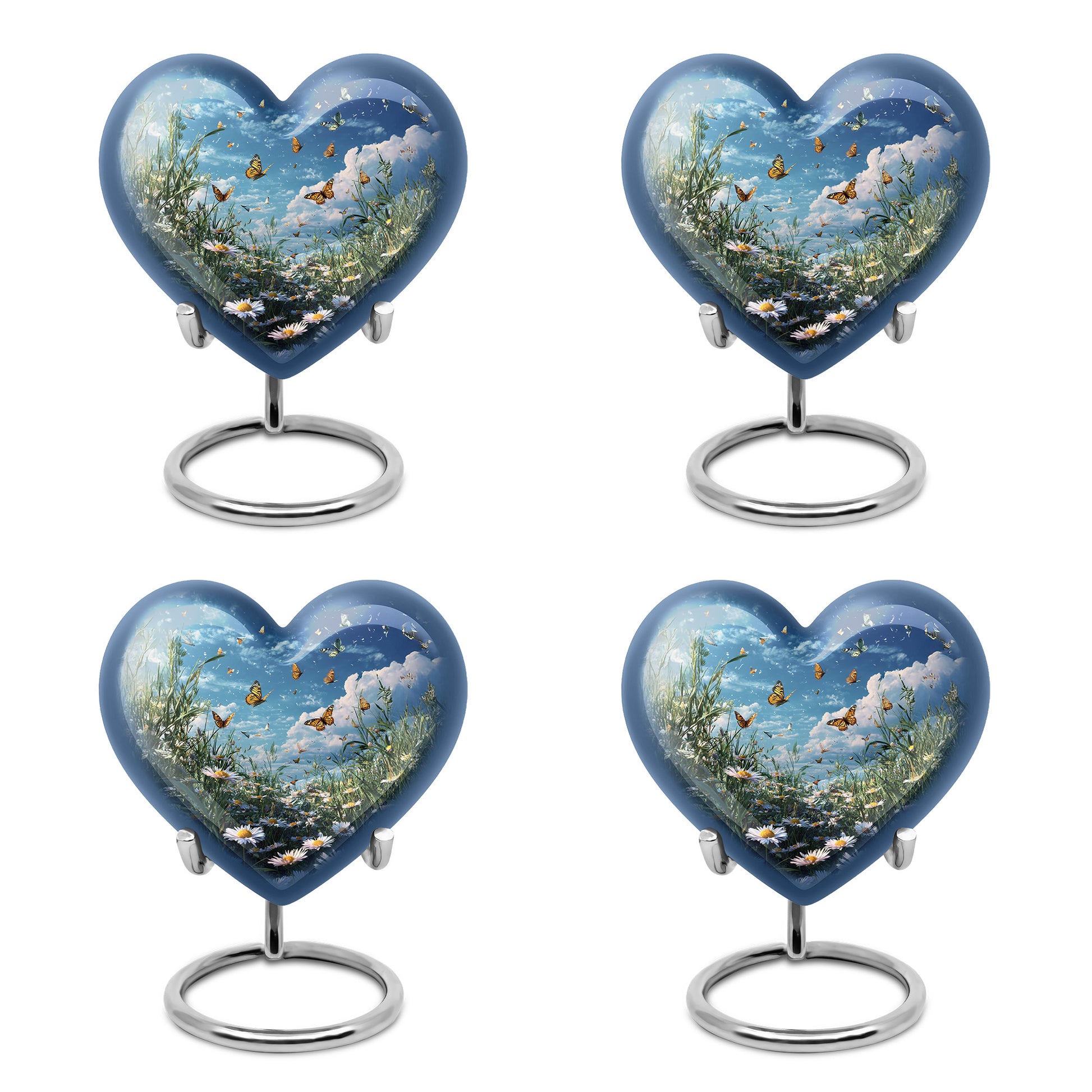 Bright Blue Daisy Cremation Urn angled view of lid and engraved motif - romantic heart urn with daisy motif on aluminum - 10 inch aluminum urn for cremated remains