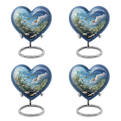 Bright Blue Daisy Cremation Urn angled view of lid and engraved motif - romantic heart urn with daisy motif on aluminum - 10 inch aluminum urn for cremated remains