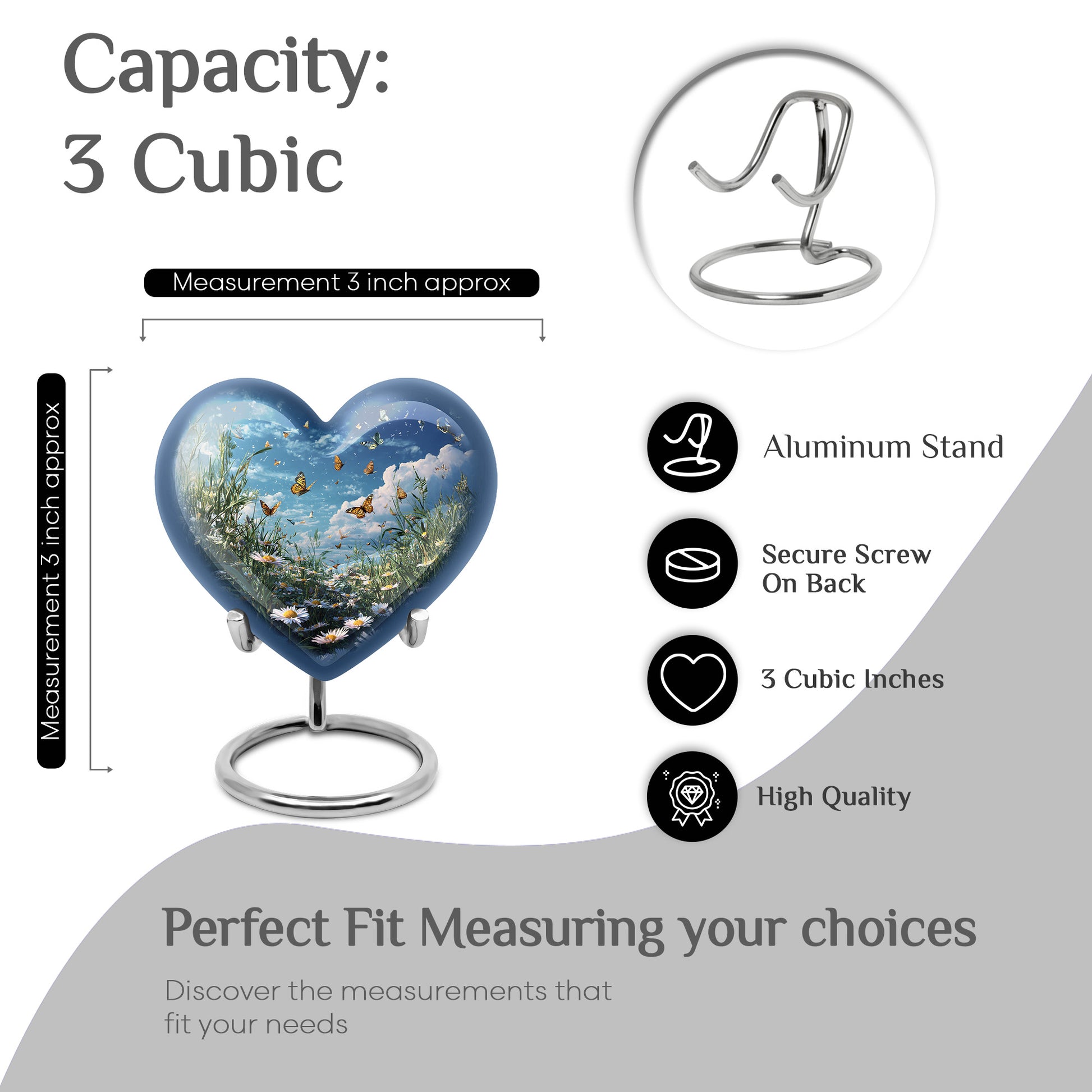 Steel Blue Daisy Cremation Urn front view showing detailed design - compassionate heart-daisy combination with gentle curves - mini keepsake memorial for portion of cremation ashes