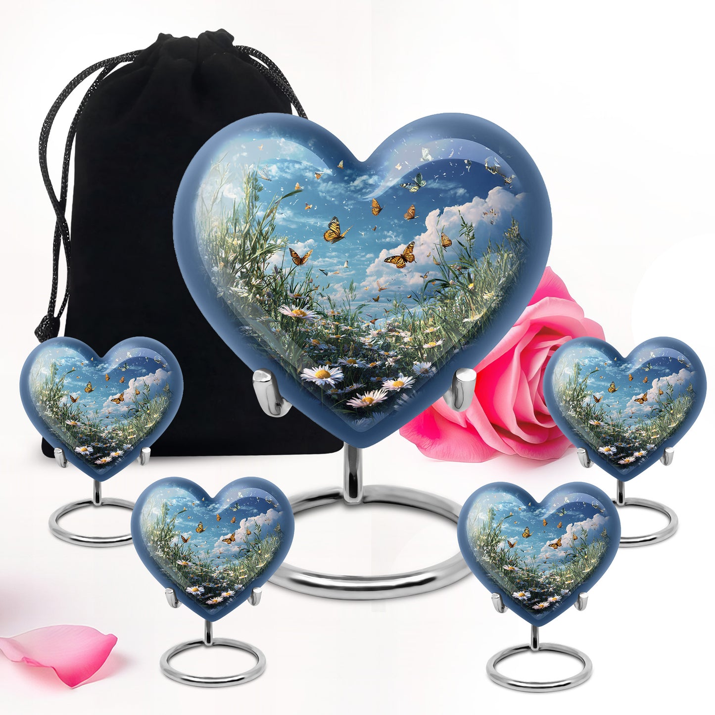 Steel Blue Daisy Cremation Urn close-up of engraving and surface detail - compassionate heart-daisy combination with gentle curves - memorial set with one large and four small urns