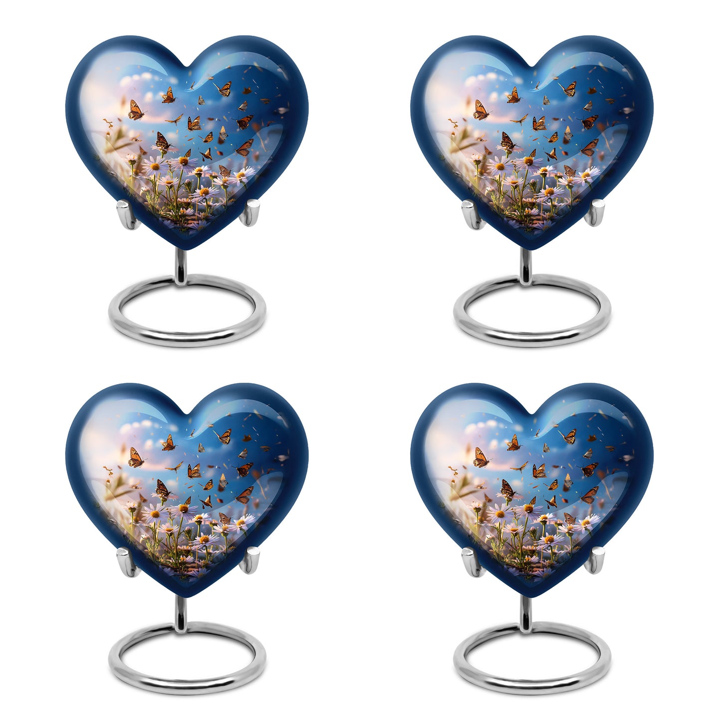 Calming Blue Daisy Cremation Urn angled view of lid and engraved motif - compassionate heart-daisy combination with gentle curves - 10 inch aluminum urn for cremated remains