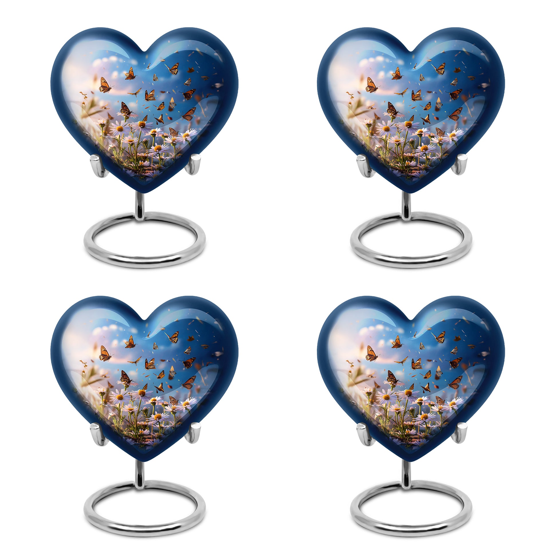 Calming Blue Daisy Cremation Urn angled view of lid and engraved motif - compassionate heart-daisy combination with gentle curves - 10 inch aluminum urn for cremated remains