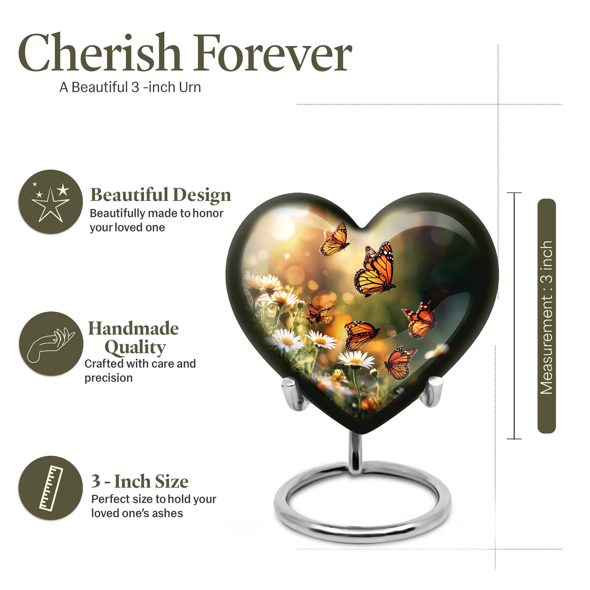 Royal Gold Daisy Cremation Urn front view showing detailed design - romantic heart urn with daisy motif on aluminum - mini keepsake memorial for portion of cremation ashes